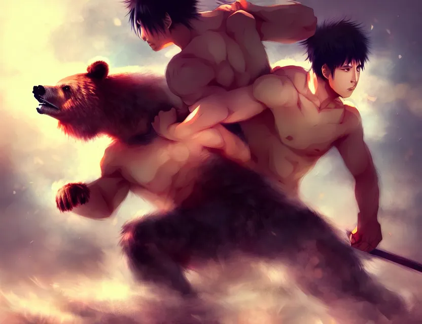 Image similar to asian male model fighting a bear, by nashimanga, anime illustration, anime key visual, beautiful anime - style digital painting by wlop, amazing wallpaper