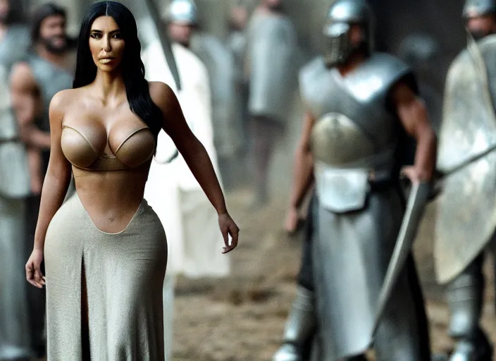 Prompt: film still of kim kardashian as leonidas in 3 0 0 movie, 8 k