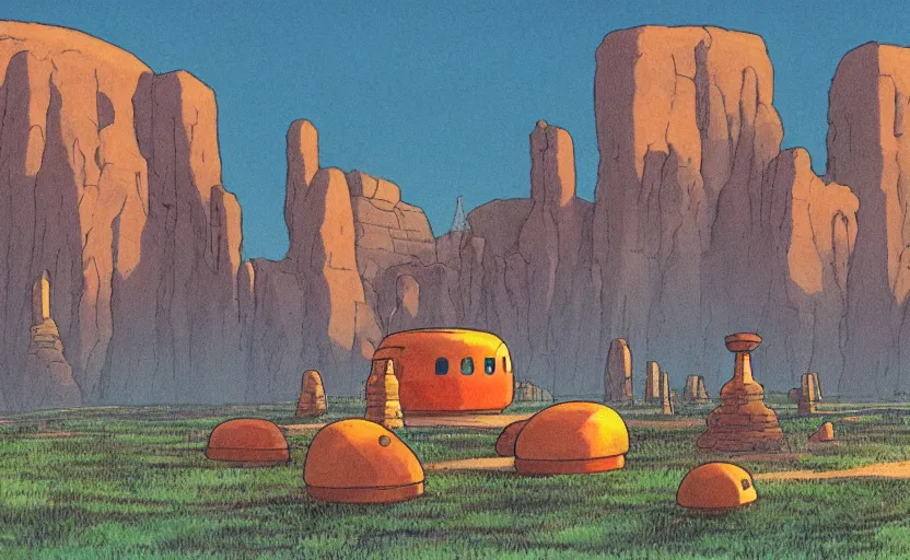 Prompt: a cell - shaded studio ghibli concept art from paprika ( 2 0 0 6 ) of a multi - colored spaceship from close encounters of the third kind ( 1 9 7 7 ) in a lush temple that looks like monument valley stonehenge jungle. a caravan is in the foreground. very dull colors, portal, hd, 4 k, hq