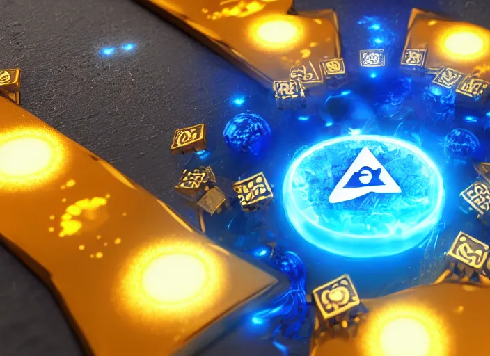 Image similar to magic golden computer chip with runes and a glowing blue crystal in the center, mana flowing around it, product photo, trending on artstation, unreal engine 5, 4 k, 8 k