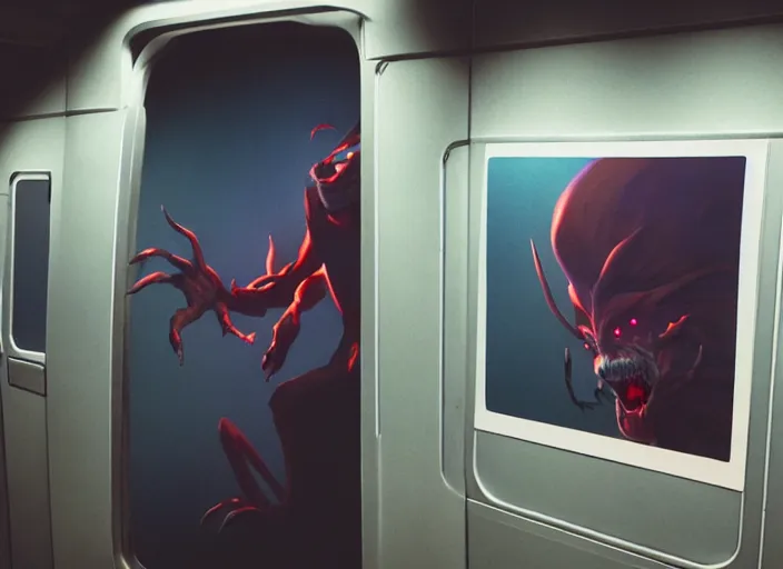 Prompt: ominous polaroid photo of scary entity cryptid designed by jesper ejsing, by rhads, makoto shinkai and lois van baarle, ilya kuvshinov, rossdraws global illumination inside toronto subway train