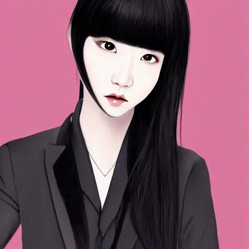 Image similar to portrait of a beautiful korean girl wearing a men's tuxedo, with long hair and bangs, angular features, angry expression, digital art, elegant pose, detailed illustration