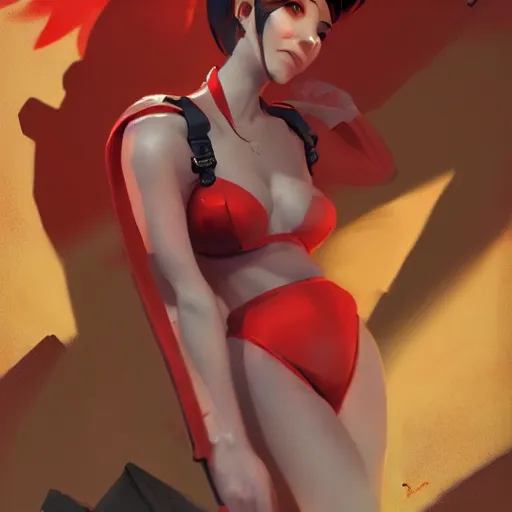 Image similar to portrair of overwatch tracer in a red bikini, artwork by sergey kolesov,
