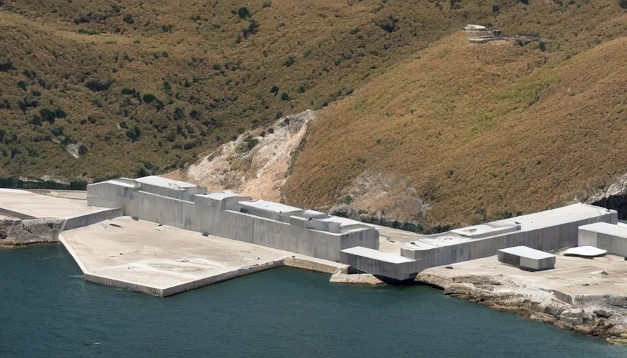 Image similar to big military base perched on a cliff overlooking a magnificient bay, drawing architecture, pritzker architecture prize, greig fraser