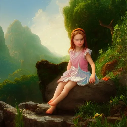 Image similar to a painting of a little girl sitting on a rock, a digital painting by thomas cole, cgsociety, metaphysical painting, 2 d game art, storybook illustration, detailed painting