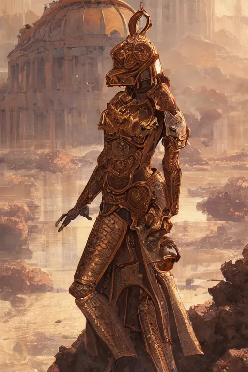 Prompt: portrait knights of Zodiac girl, golden and copper reflected armor, in ruined Agora of Athens, ssci-fi, fantasy, intricate, very very beautiful, elegant, highly detailed, digital painting, artstation, concept art, smooth, sharp focus, illustration, art by tian zi and WLOP and alphonse mucha