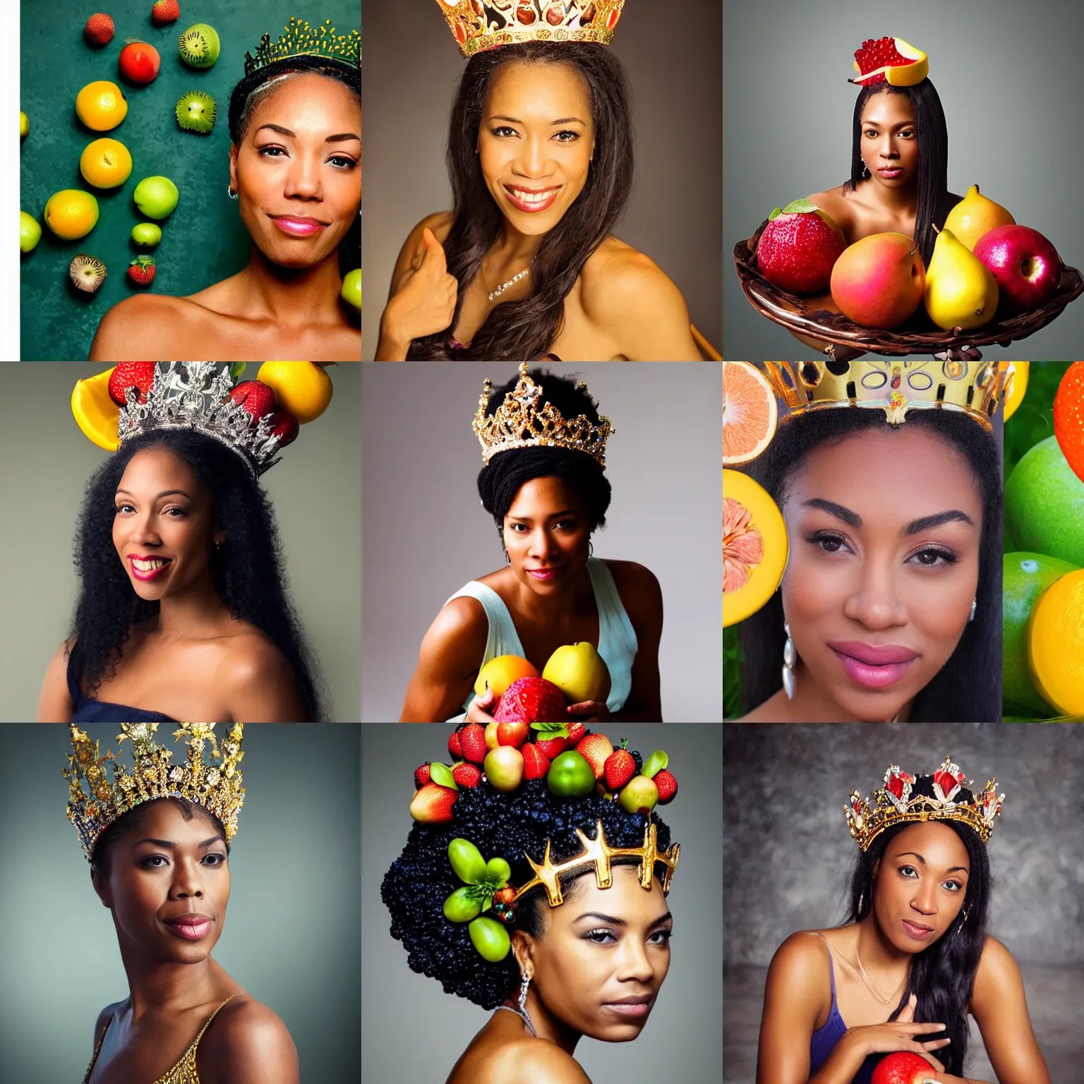 Prompt: vanessa alexander a goddess of fruits, crown on head, shot from professional camera, ultra realistic, beatiful lights