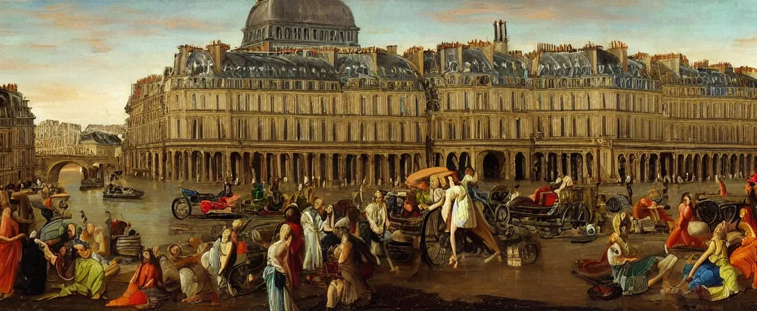 Prompt: classical painting of paris!!! in a solarpunk!! way! sustainable! no cars!!!!