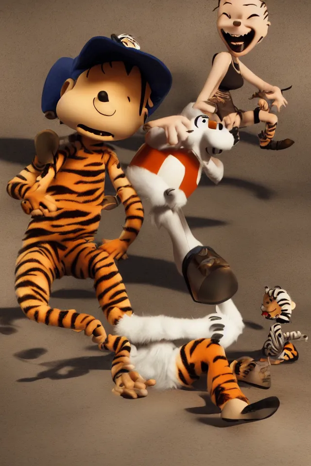 Image similar to calvin and hobbes as realistic adults on crack, octane render