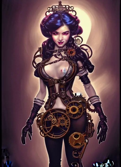 Prompt: front portrait hands on waist pose of attractive Lady Mechanika with wavy hair using white gloves, hand on waist pose!, Intricate steampunk imagery , D&D!, fantasy style, sharp focus!, ultra detailed, art by Artgerm and Peter Andrew Jones, WLUP