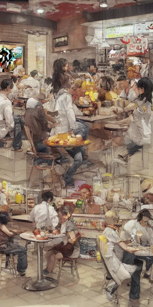 Image similar to oil painting scene from mcdonalds by kim jung gi