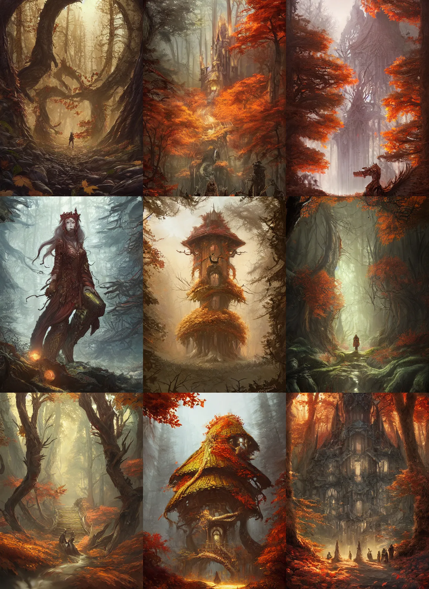 Prompt: autumnal forest palace, d & d, fantasy, portrait, highly detailed, digital painting, trending on artstation, concept art, sharp focus, illustration, art by artgerm and greg rutkowski and magali villeneuve