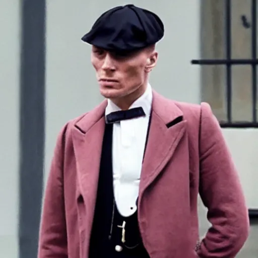 Prompt: Tommy shelby (peaky blinders) smoking a pink cigar