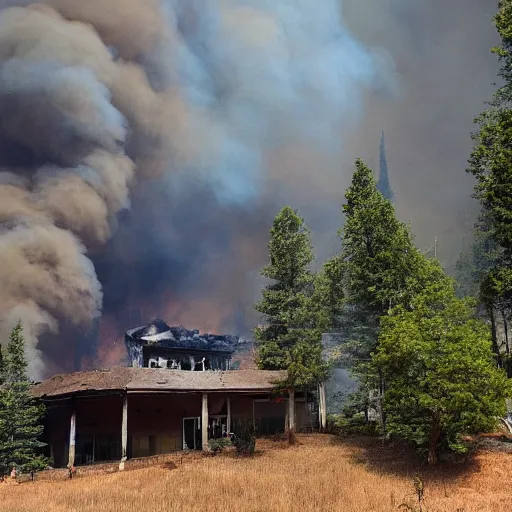 Image similar to a beautiful photo of a small hotel engulfed in a forest fire