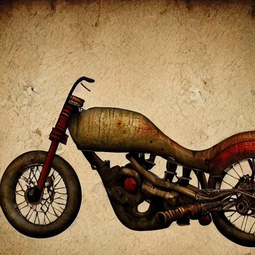 Prompt: Rustic homemade chopper motorcycle, styleframe, concept art, artstation, madmax, brush texture, painted with oil, cartoon network