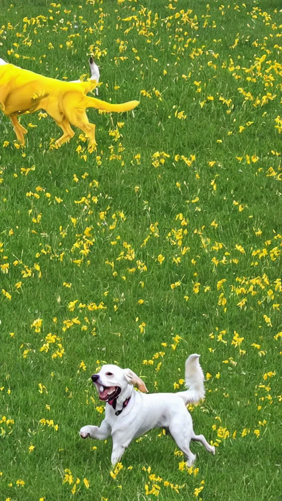 Prompt: A white and yellow dog was rolling in the field,Stick figure style.