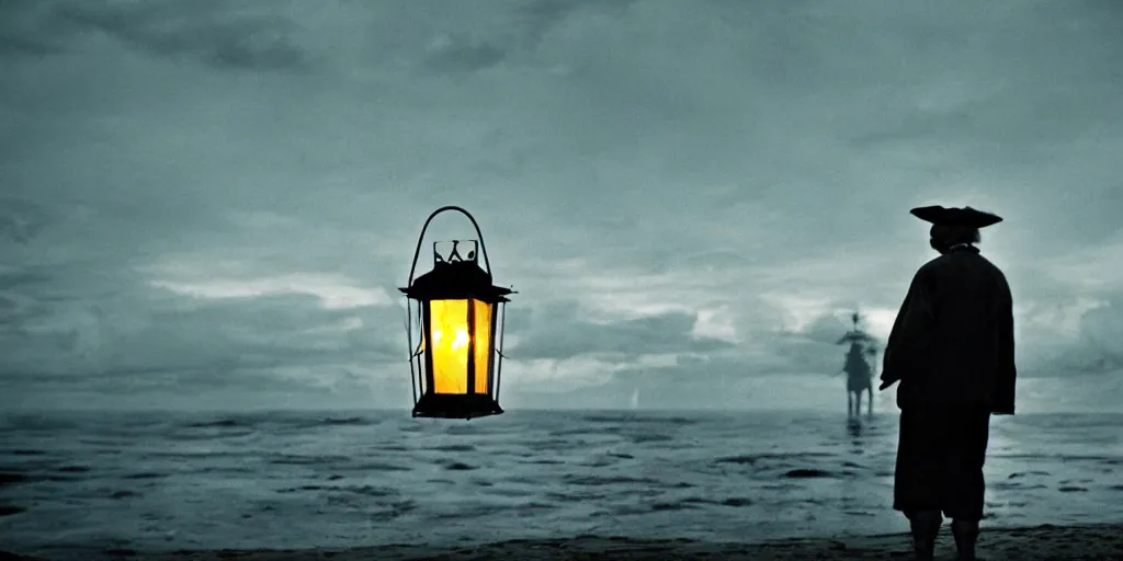 Image similar to film still of closeup old man holding up lantern by his beach hut at night. pirate ship in the ocean by emmanuel lubezki