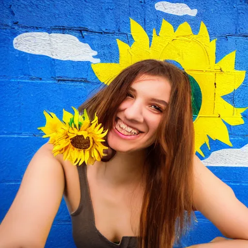 Image similar to Portrait, Graffiti of a Ukrainian girl Smiling at the camera, Beautiful pretty young, flowers in her dark hair, Scene: Sunflower field, Colors: Yellow sunflowers, blue cloudy sky, In a style of Graffiti tag