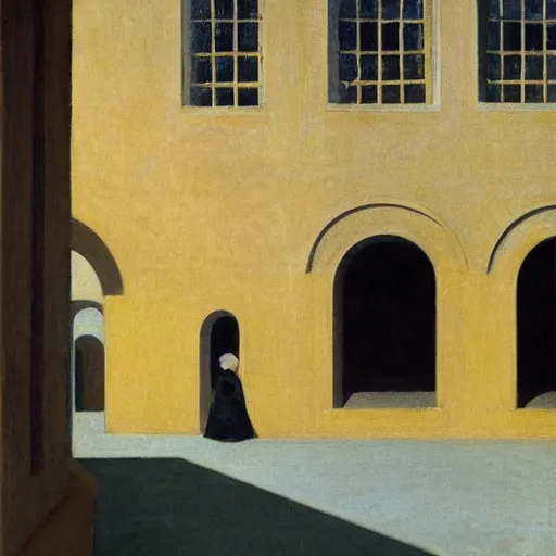 Image similar to in the distance, a little girl with short black hair and wearing a yellow coat alone in the inner courtyard of an abbey, the light is bright and wintry, painting by hopper and de chirico