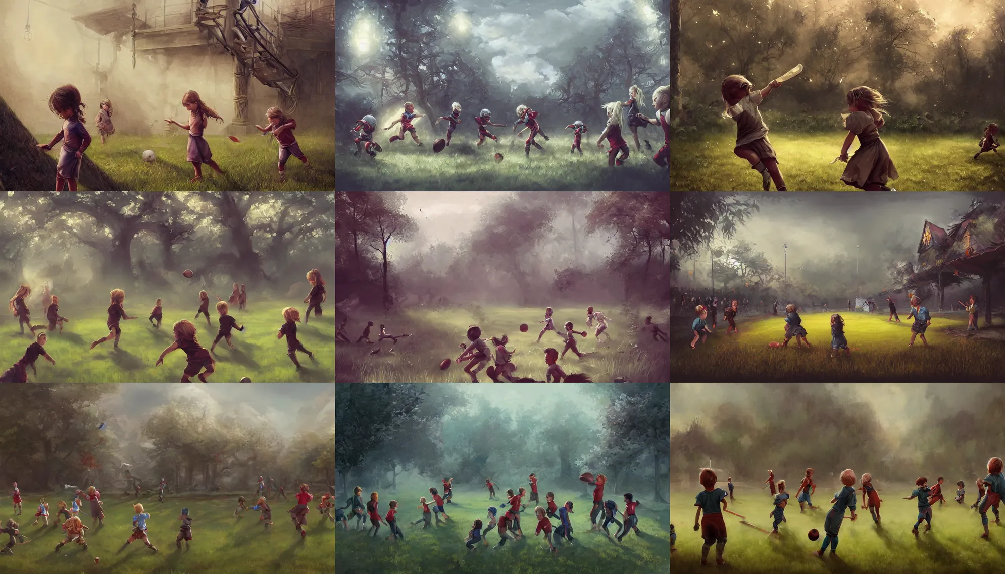 Prompt: fantasy painting of backyard football field with playing children, wide shot, digital painting, intricate details, trending on artstation, art by charlie bowater