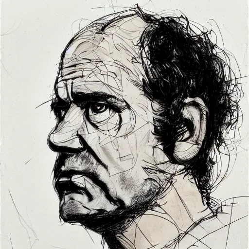 Image similar to a realistic yet scraggly portrait sketch of the side profile of a stern and sophisticated bill dauterive, trending on artstation, intricate details, in the style of frank auerbach, in the style of sergio aragones, in the style of martin ansin, in the style of david aja, in the style of mattias adolfsson