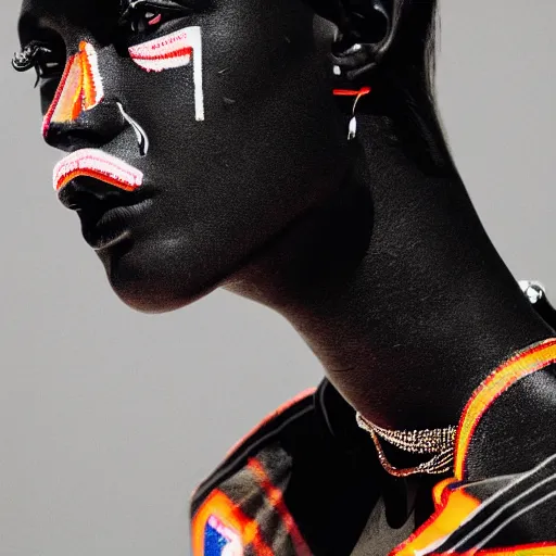 Image similar to black marble statue of a beautiful woman in the style of virgil abloh with in the background colorful motocross logos and traffic signs, colored smoke clouds, very very beautiful, detailed, off white, heron preston, 8 k, 4 k, detailed, beautiful, symmetrical, vogue, editorial, fashion, magazine, soft lighting