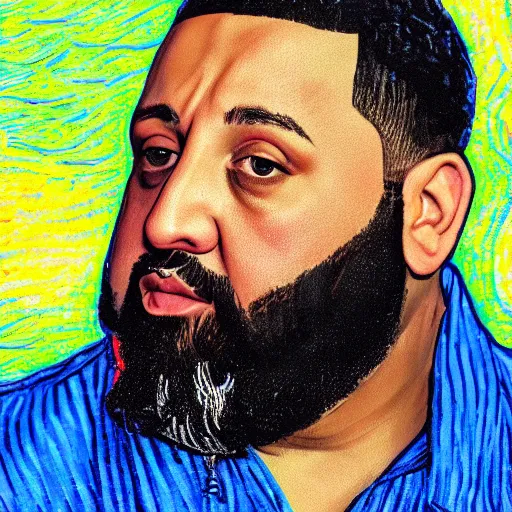 Image similar to ultra detailed portrait photo of dj khaled in a studio, blue, under red and yellow cinematic lighting, by van gogh, cartoon