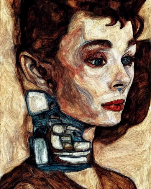 Image similar to portrait of audrey hepburn as an android by egon schiele in the style of greg rutkowski