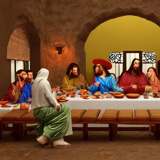 Image similar to the last supper in a mexican restaurant, sombrero, ponchos, in a baroque style, intricate detail, cinematic, 8 k, cel shaded, unreal engine, featured on artstation, pixiv