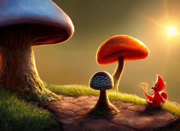 Image similar to a cute dr seuss creature sitting next to a mushroom, golden hour, fantasy, sharp focus, digital art, hyper realistic, 4 k, unreal engine, highly detailed, hd, dramatic lighting by brom, trending on artstation