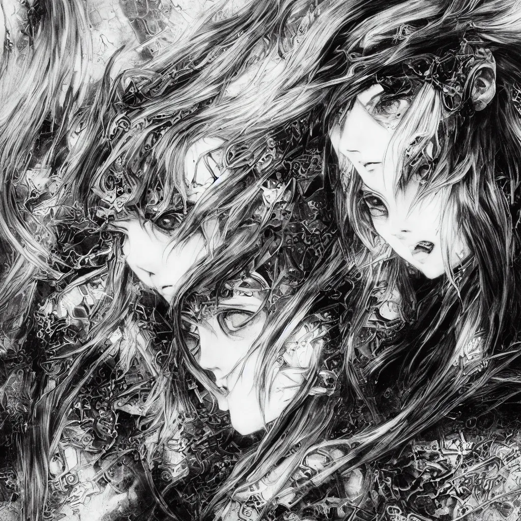 Prompt: Yoshitaka Amano realistic illustration of an anime girl with black eyes, wavy white hair fluttering in the wind and cracks on her face wearing elden ring armor with engraving, abstract black and white patterns on the background, noisy film grain effect, highly detailed, Renaissance oil painting, weird portrait angle, blurred lost edges, three quarter view