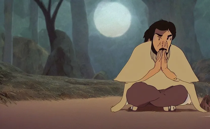 Prompt: a cell - shaded cartoon movie still from princess mononoke ( 1 9 9 7 ) of a middle eastern imam kneeling in prayer. a golden ufo is in the sky. very dull muted colors, hd, 4 k, hq