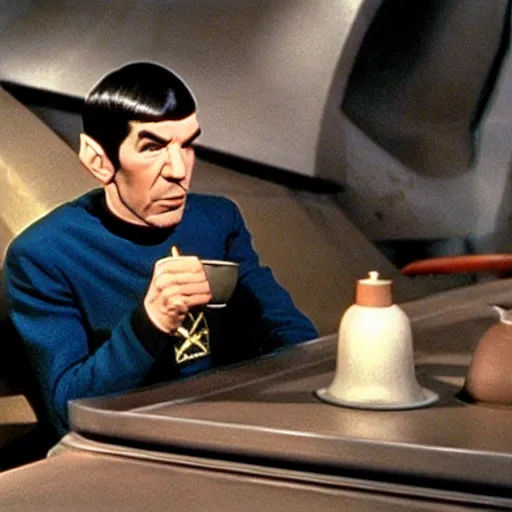 Prompt: mr spock drinking coffee on the bridge of the enterprise, cinematic, movie still