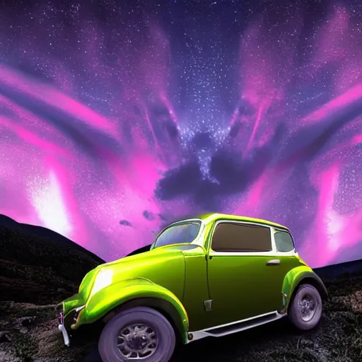 Prompt: car on a mountain. background is epic sky at night with northern lights. photorealistic. iridescent.