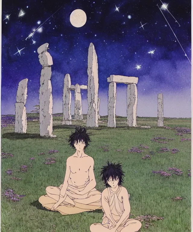 Image similar to a hyperrealist studio ghibli watercolor fantasy concept art. in the foreground is a giant long haired grey sasuatch sitting in lotus position on top of stonehenge with shooting stars all over the sky in the background. by rebecca guay, michael kaluta, charles vess