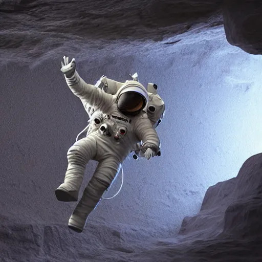 Image similar to A photorealistic 3D render of an astronaut floating in a cave, by stuz0r, trending on instagram, trending on artstation, volumetric lighting, Photoreal Octane Render, PBR Texturing, physical based render,