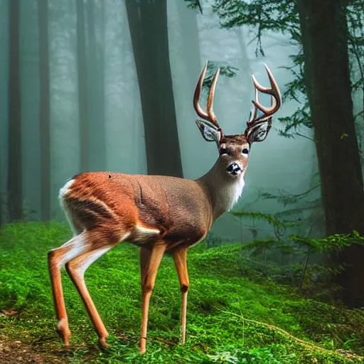 Image similar to a close up of a white - eyed deer, background of a landscape misty forest scene, the sun glistening through the trees