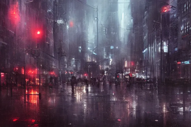 Image similar to a dystopian city at night, heavy rain, by wlop, high quality