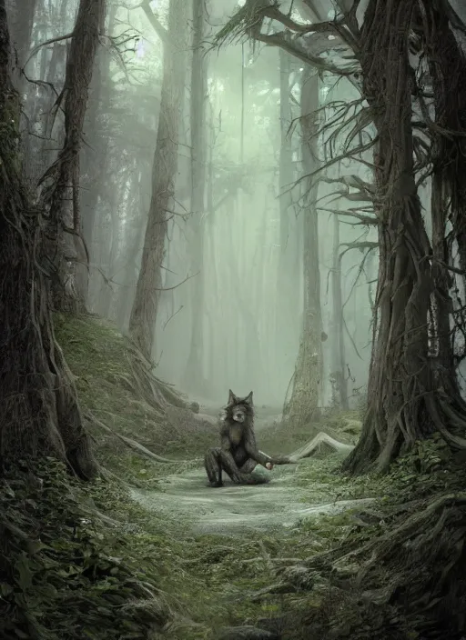 Image similar to a werewolf crouched in a foggy forest, fantasy Art by John Stephans Hyper detailed digital matte painting, concept art, hyperrealism, Cinema 4D, 8k resolution, 64 megapixels, coherent, bokeh, CGSociety, ZBrush Central, behance HD, hypermaximalist, a masterpiece, 4K