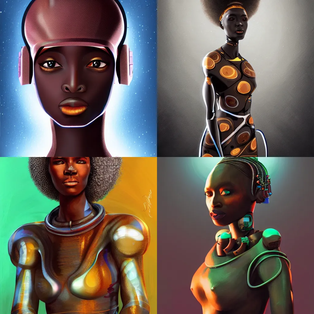 Prompt: beautiful afrofuturistic himba woman, otjize, glowing spacesuit, robotic arms, weightless in space, hyperrealistic, scifi, concept art, digital art, portrait, dark, muted colors