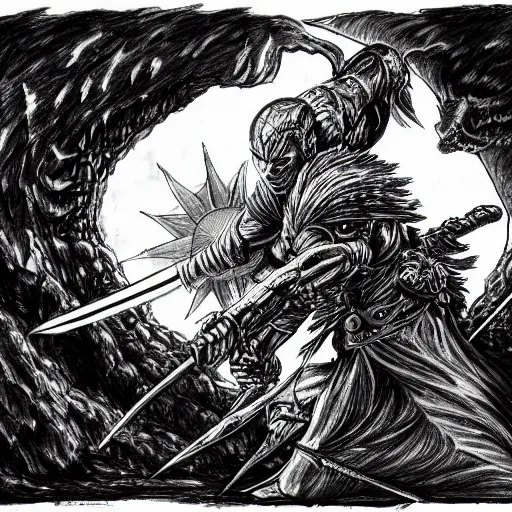 Image similar to A very detailed sketch of a wounded warrior with a sword fighting a plethora of monsters and demons, black and white, sun eclipse, focus on the sky, Kentaro Miura style, high-detailed