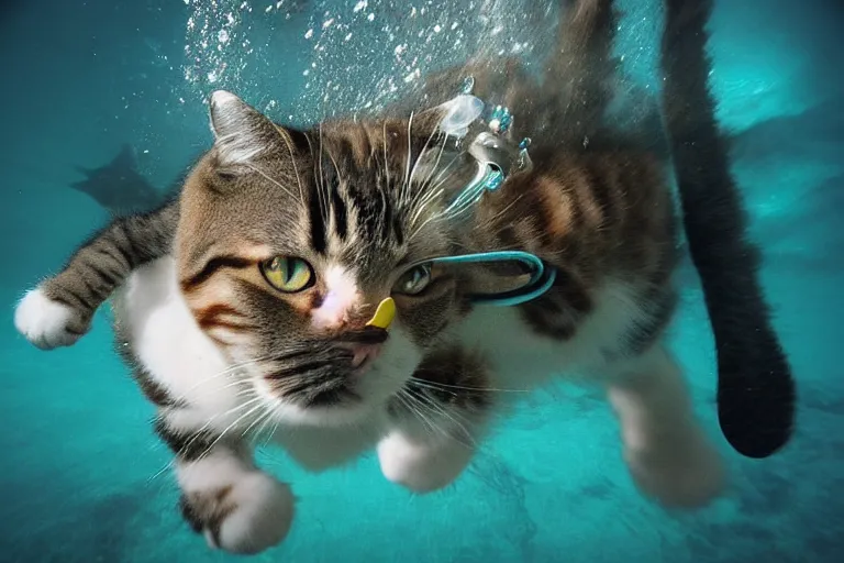 Image similar to a cat dressed as a scuba diver swimming underwater, photo-realistic low lighting, creepy, vast, shot by a camera,