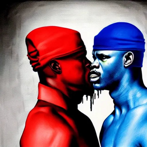 Image similar to crips vs bloods!! painting by emanuele dascanio and robin eley