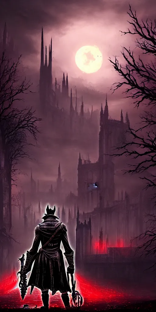 Image similar to abandoned bloodborne old valley with a obscure person at the centre and a ruined gothic city in the background, trees and stars in the background, falling red petals, epic red - orange moonlight, perfect lightning, wallpaper illustration by niko delort and kentaro miura, 4 k, ultra realistic