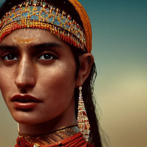Prompt: portrait of a stunningly beautiful south asian tribal female, depth of field, zeiss lens, detailed, symmetrical, centered, fashion photoshoot, by Annie Leibovitz and Steve McCurry, David Lazar, Jimmy Nelsson, Breathtaking, 8k resolution, extremely detailed, beautiful, establishing shot, artistic, hyperrealistic, beautiful face, octane render