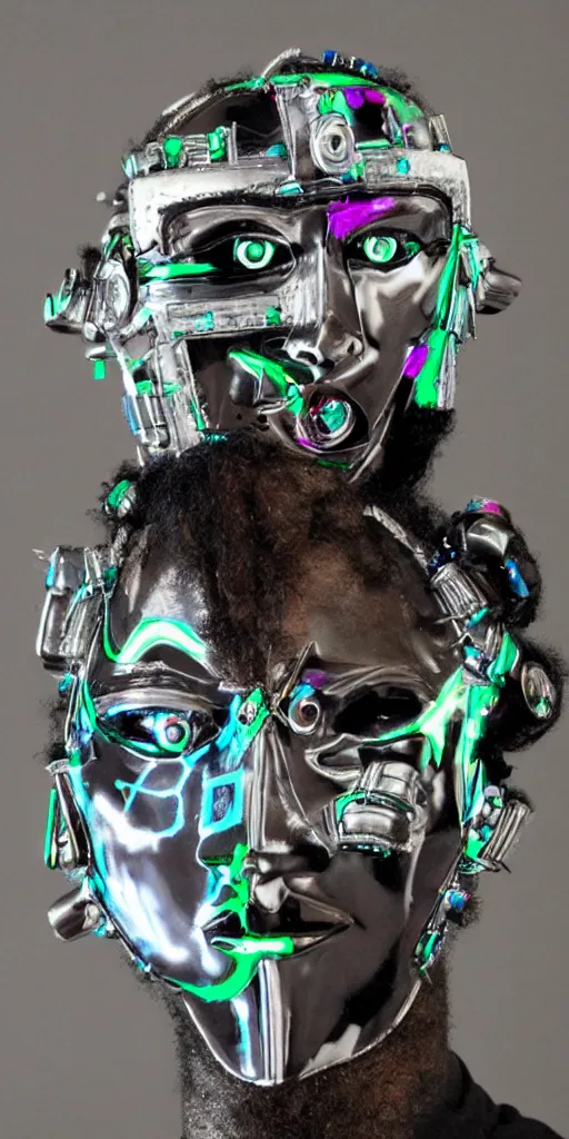 Prompt: a beautiful cyborg made of 90s uk rave culture ceremonial maske