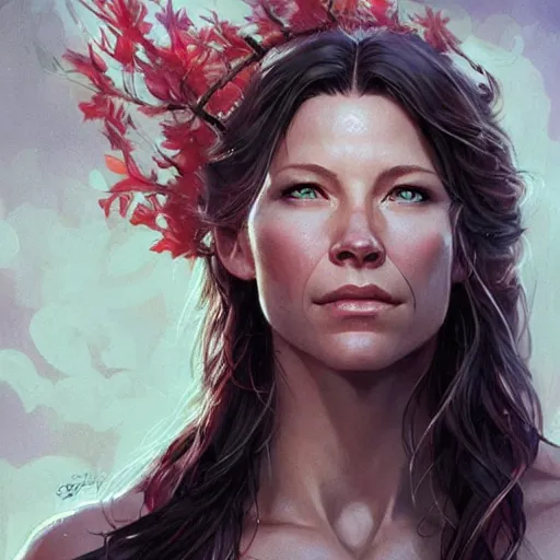 Prompt: evangeline lilly as a goddess, digital illustration, by artgerm and greg rutkowski,