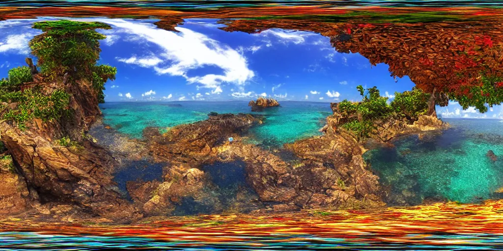 Prompt: streetview equirectangular 360 photo of the perfect island, colorful, by Andy Thomas, Mario Martinez, Daniel Mirante, Gustave Dore, Artstation, CGsociety, masterpiece