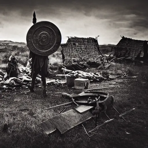 Image similar to viking in war armor working on the flying ancient device, tools and junk on the ground, old village in the distance, vintage old photo, black and white, sepia