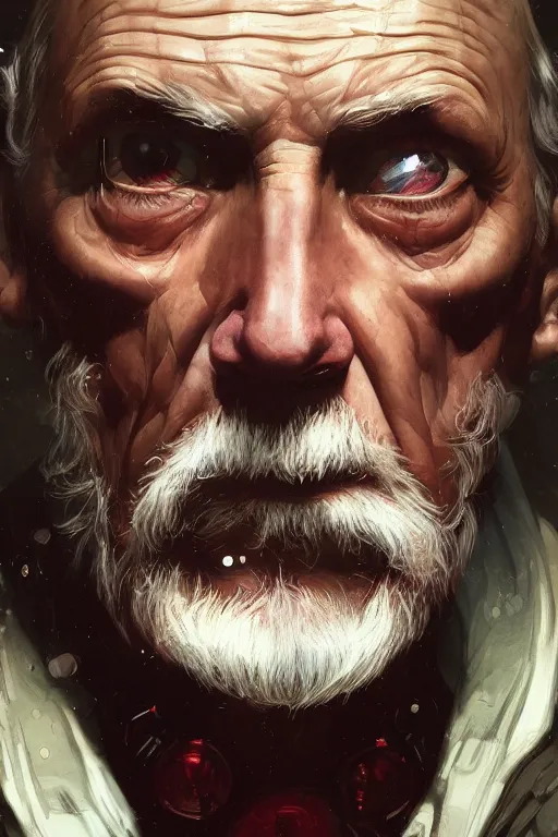 Image similar to portrait, close up, cyberpunk old man, movie poster, normal hands, normal legs, cinematic lighting, intricate, rugged, highly detailed, digital painting, artstation, smooth, sharp focus, illustration, art by artgerm and greg rutkowski and alphonse mucha and Wayne Barlowe and william-adolphe bouguereau